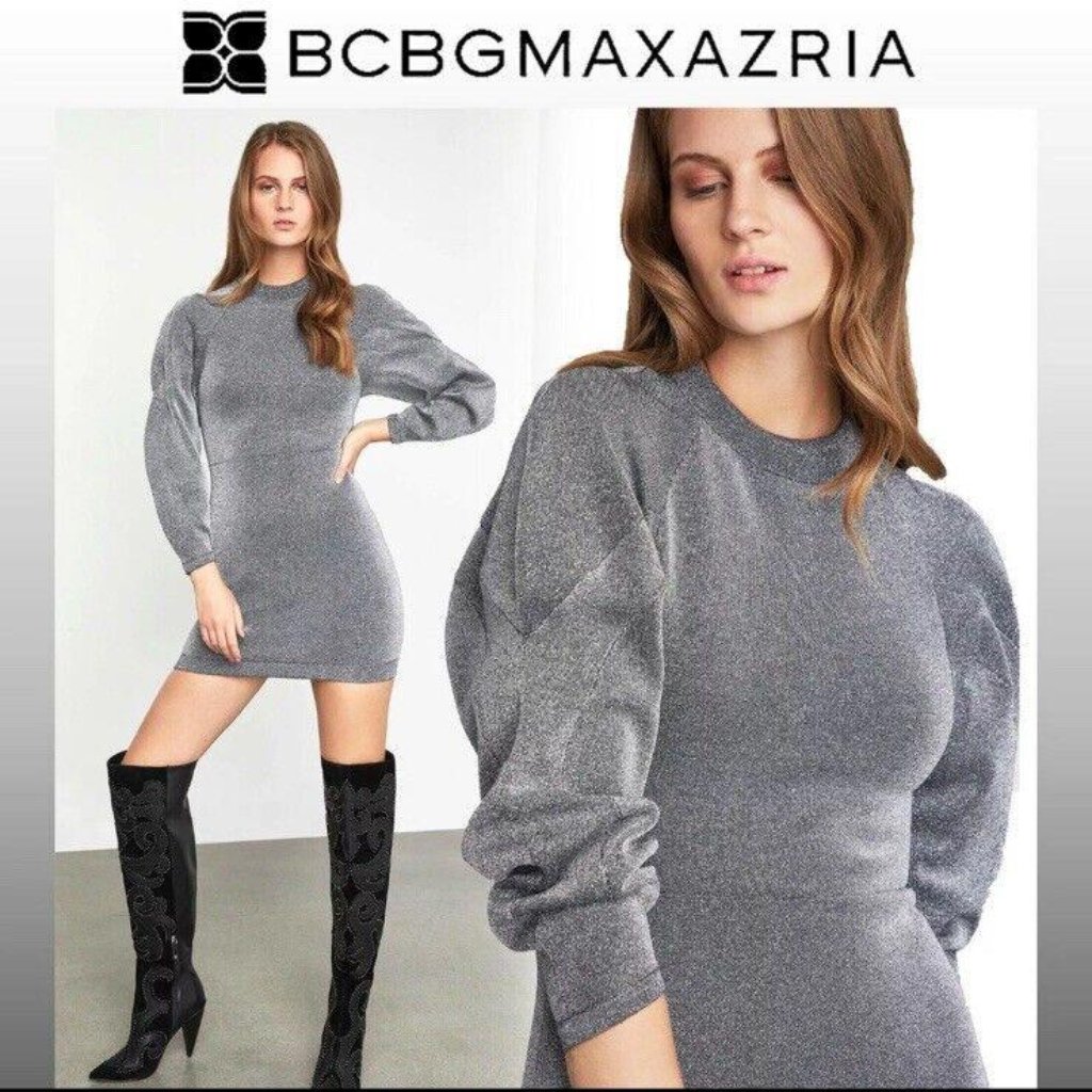 Bcbg Max Azria Metallic Bubble Sleeve Dress Platinum Cne6174912 Size S $358